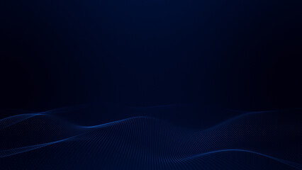 Blue dotted wave landscape on dark background, flowing digital particle surface, smooth grid relief and deep perspective technology space ©  Seamless Loop