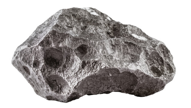 Rough textured metallic meteorite with craters and inclusions