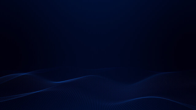 Blue dotted wave landscape on dark background, flowing digital particle surface, smooth grid relief and deep perspective technology space