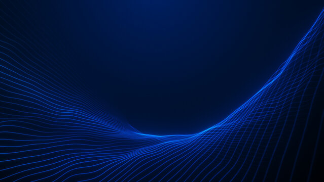 Blue wireframe waves forming a digital valley, flowing neon grid landscape, smooth curved lines and deep perspective technology space