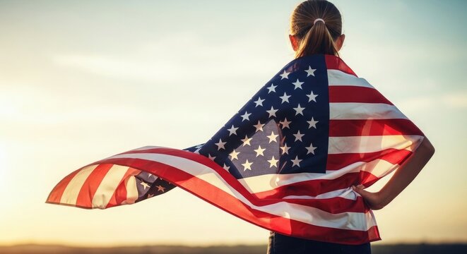 Woman with american flag cape standing outdoors at sunset celebrating patriotism and national pride