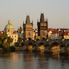 Obraz premium Whimsical Bridge Vltava. Charles Bridge And Prague'S Old Town Architecture Under An Evening Sunset In The Czech Republic