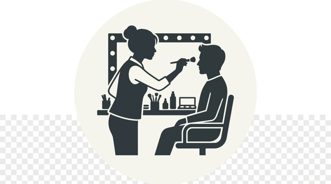 Makeup artist applying makeup to a client in a studio.