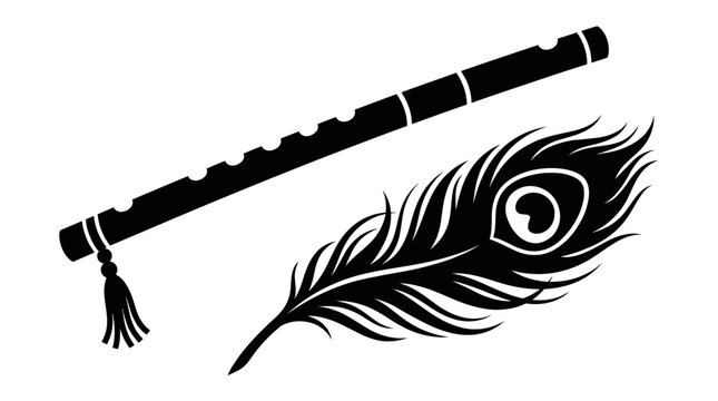 Elegant black silhouette of a traditional woodwind flute and decorative peacock feather plume graphic on white background