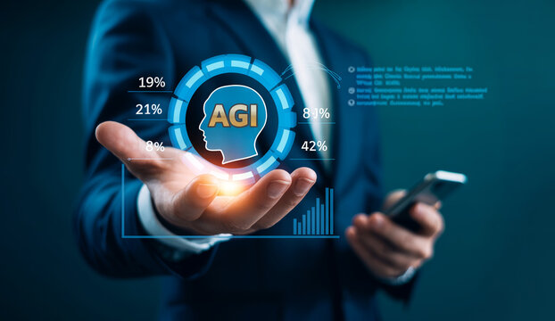 Businessman presenting artificial intelligence progress with AGI head icon and data charts.