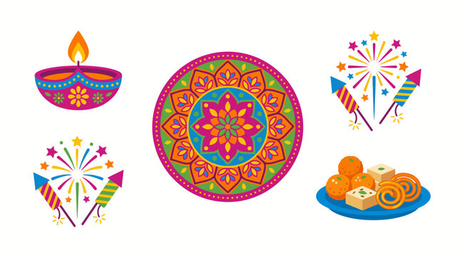 Vector illustration set of colorful Diwali festival elements including diya lamp, rangoli mandala, fireworks, and Indian sweets