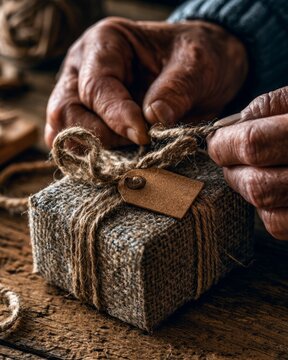Senior hands tying rustic twine gift tag on handmade textured package