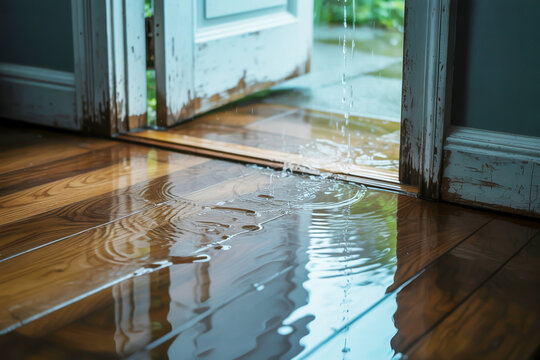 Water damage from rain entering a house through an open door onto a wooden floor flooding