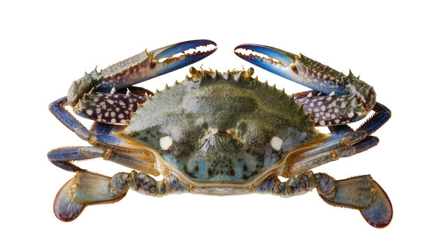 Blue crab with sharp claws and spotted carapace