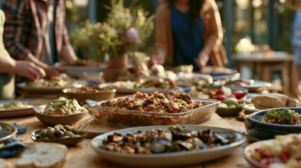 Obraz premium Diverse Homemade Dishes on Wooden Table with People Serving Food