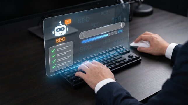 Businessman using computer with digital interface for seo optimization, search engine marketing, and artificial intelligence technology for business growth