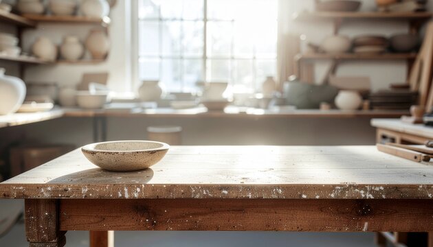 Rustic Wooden Workbench in Sunlit Pottery Studio with Ceramic Bowl