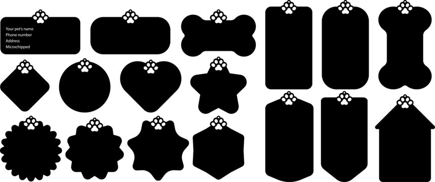 Dog tag hook hang with dog paw holes icon set, heart bone shapes. Templates vector outline for cutting. For pet shop, id, neckline, badges, collar, identification labels canines, name cards, jewelry