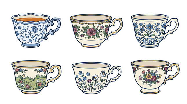 Vintage Teacups Collection: Floral Patterns, Afternoon Tea, Elegant Porcelain