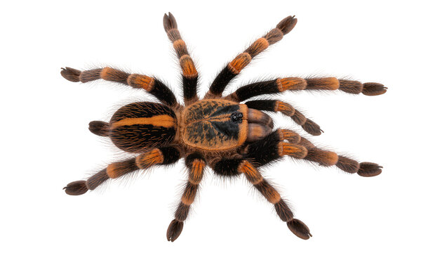 Orange and black striped tarantula spider with hairy legs