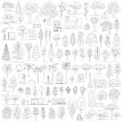 Naklejka premium Comprehensive Set of Hand Drawn Tree Sketch Icons with Modern Building Architecture and Plant Elements for Landscape Design