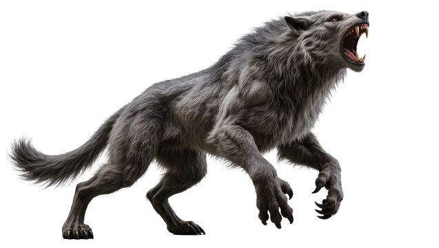Fierce werewolf with open mouth and sharp teeth, grey fur