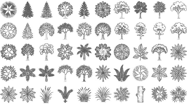 Comprehensive set of hand-drawn tree icons for landscape architecture sketch design, featuring various plant symbols for forest and garden mapping