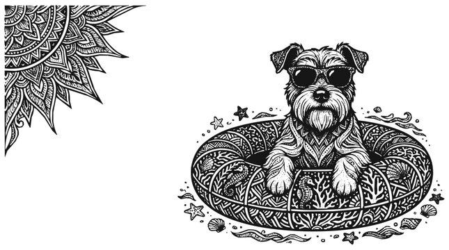 Detailed Zentangle Dog Sunglasses and Pet Eyewear Illustration for a Summer Theme Adult Coloring Page Design