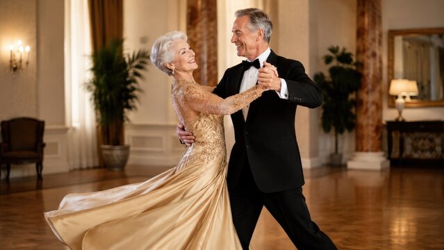 Elegant senior couple ballroom dancing in formal attire in a grand ballroom, joyful and graceful
