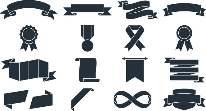 Vintage black ribbon banner silhouette collection featuring blank heraldic labels scroll parchment paper award medals and decorative flag graphics isolated on white background