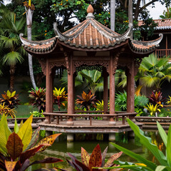 Fototapeta premium Traditional Chinese Painting Gazebo Urban. Gazebo By A Tropical Pond In Bogota