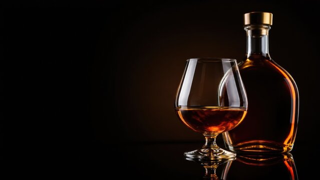 Elegant cognac bottle and snifter glass with amber liquor on a reflective surface against a black background