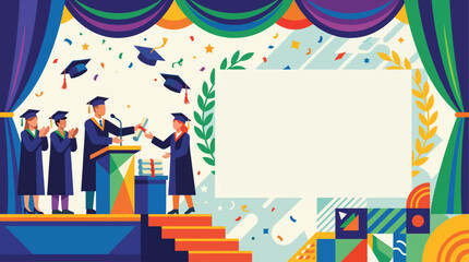 Obraz premium Graduation ceremony with students receiving diplomas on stage, confetti, and cap toss