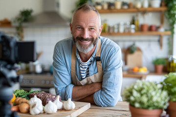 Fototapeta premium Warm smile greets viewers from a chef's kitchen. Wooden counter holds fresh garlic, herbs, and meat. Background shelves display jars and plants. Chef leans casually, radiating friendly confidence