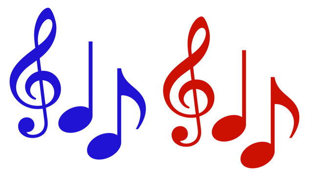 Colorful musical notes in red and blue hues arranged on a white background representing melody and harmony for music education