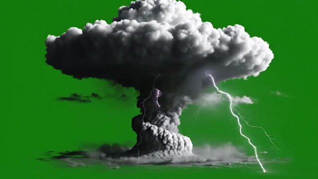 Massive nuclear explosion mushroom cloud with lightning strikes on green screen atomic blast