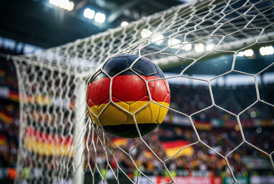 Germany Soccer Ball in Goal Net at Stadium