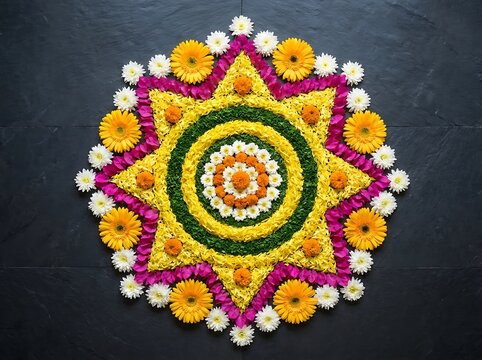 Beautiful floral rangoli design made with colorful flowers on black background