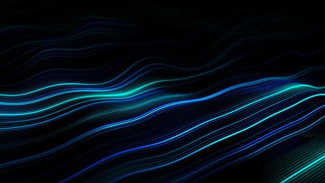 4k Flowing Blue Light Waves On Black Background. Glowing Digital Neon Line Landscape With Smooth