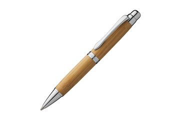 Naklejka premium A wooden ballpoint pen with a polished silver clip and trim, angled diagonally against a solid black background, for a clean, product display