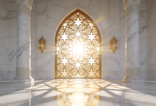 Elegant Islamic mosque interior with golden arched window and marble walls