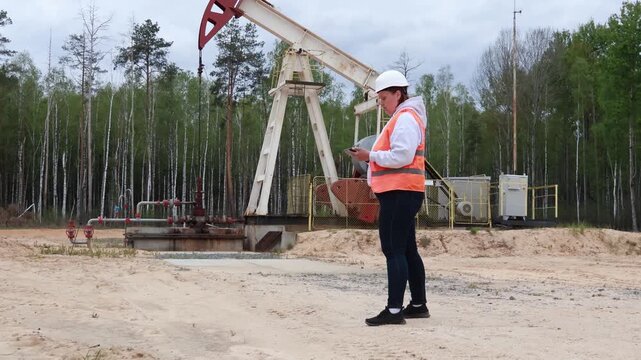 A female engineer wearing a white hard hat and orange safety vest uses a device while standing near an oil pumpjack