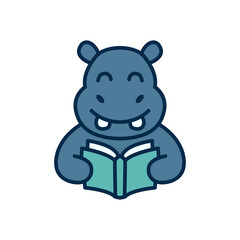 Cute hippo reading a book vector illustration. Friendly hippopotamus student mascot learning logo.