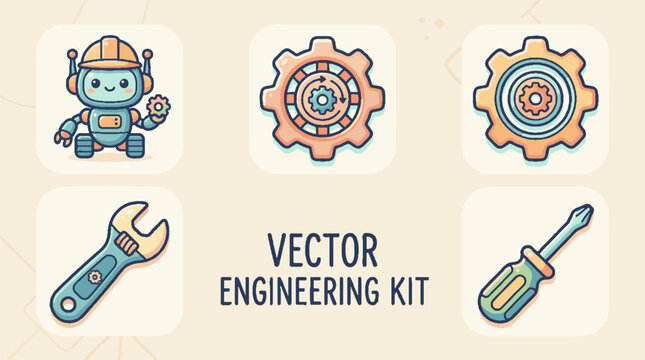 Cute vector engineering kit icons featuring a robot gears wrench and screwdriver in doodle style.