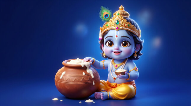 Cute baby Krishna holding butter beside traditional clay pot on blue festive devotional background