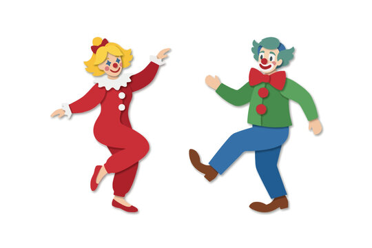 Two clowns dancing paper cut illustration isolated on white