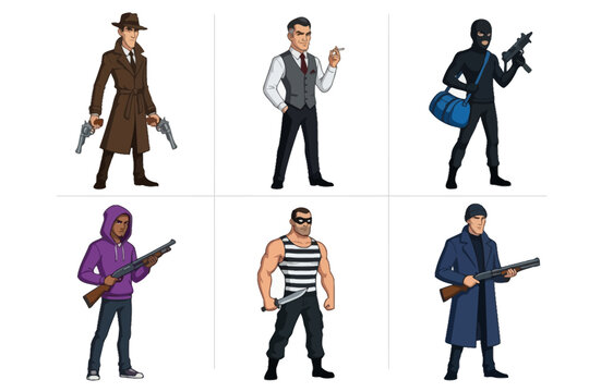 Criminal and Gangster Character Set Holding Weapons on White Background