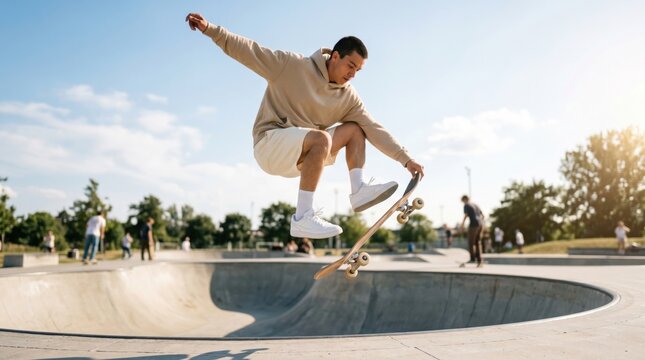 Skateboarder man performing jump in skatepark. Young guy doing trick with skateboard in air. Extreme sport activity outdoors. Active lifestyle and leisure concept in urban environment.