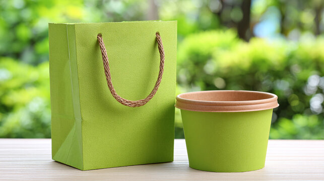 Eco-friendly Green Packaging, Bag and Container on Wooden Table Outdoors