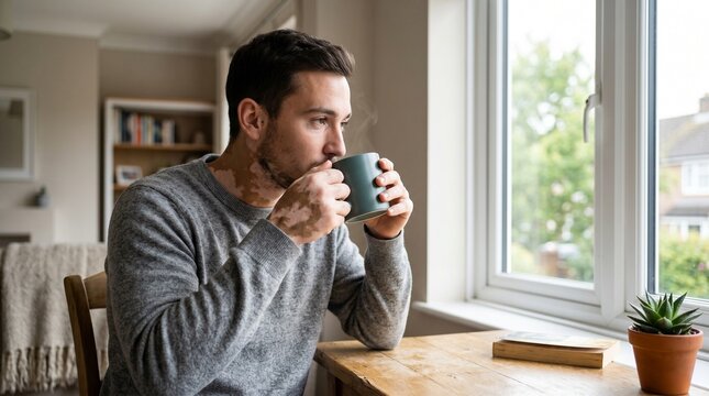Man with vitiligo coffee morning, Window light lifestyle, Skin diversity at home, Calm self acceptance portrait, Clean neutral interior