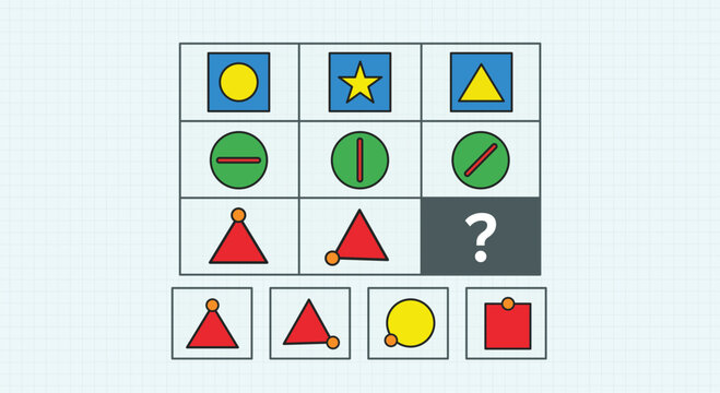IQ test matrix puzzle with geometric shapes. Logical reasoning question for brain training, education, and psychological testing. Flat vector illustration on a grid background.