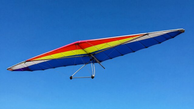 A colorful ultralight aircraft wing extended against a clear blue sky.