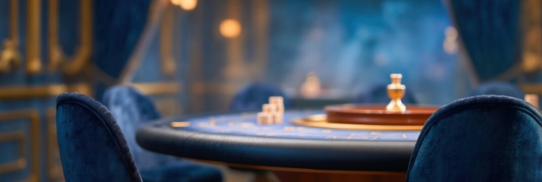 Elegant blue casino game table surrounded by plush velvet chairs in a luxurious, dimly lit gambling room. Opulent interior suggests high-end entertainment