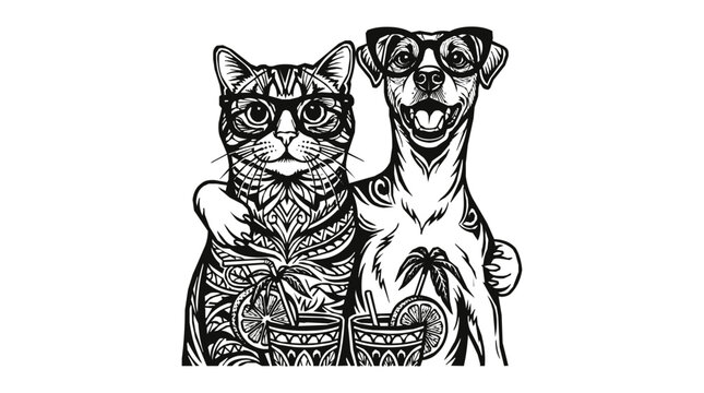 Pet friendship - A cool pet eyewear scene featuring a cat sunglasses and dog sunglasses duo enjoying a summer vacation with tropical cocktails
