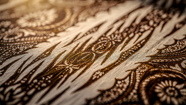 Indonesian batik fabric, traditional machete motif, hand-drawn diagonal blade design, dark brown soga and natural creamy white, visible cotton weave texture, cultural heritage fabric.